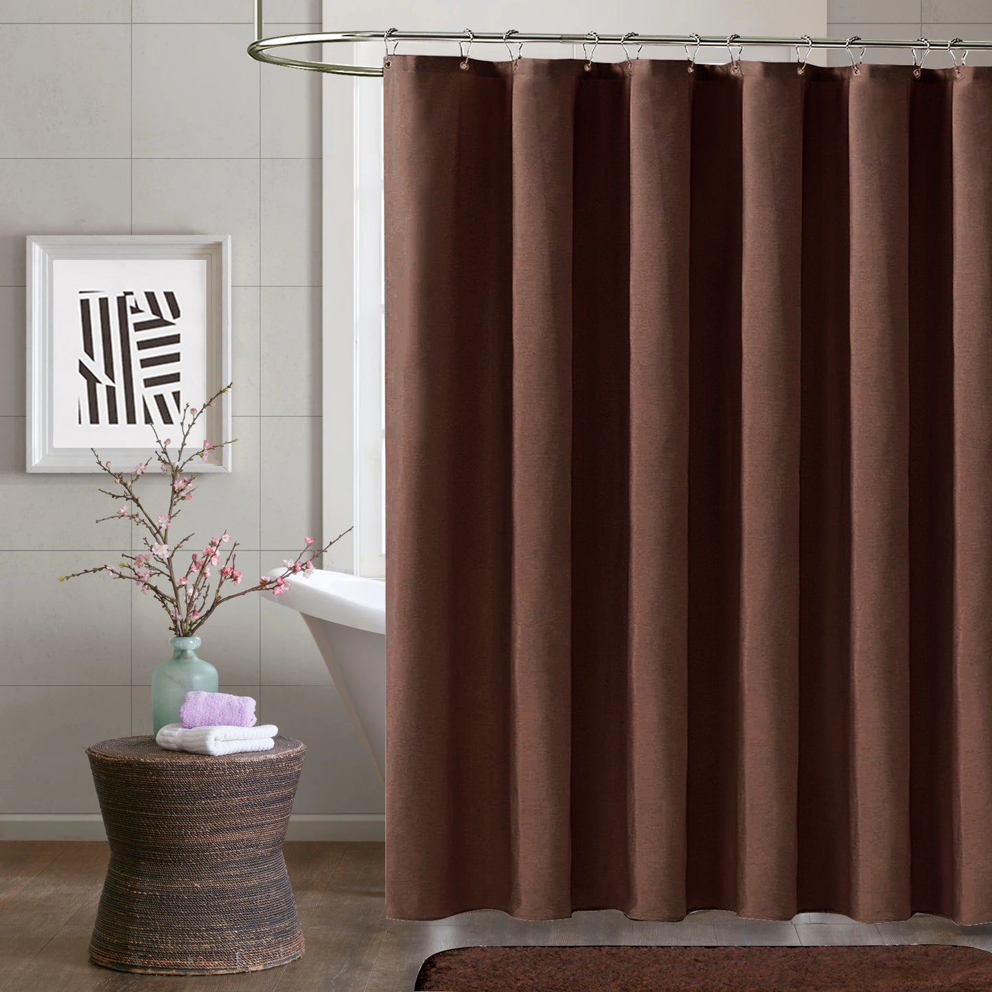 Faux Linen Shower Curtain With Stainless-Steel Hooks, 210 GSM, multi-size options