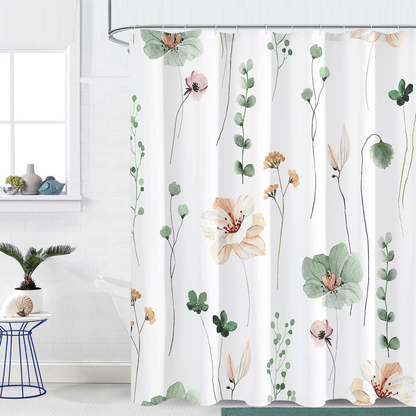 Shower Curtain With Weighted Hem and Bonus Hooks, 120 GSM, Watercolor Floral Design, 72 x 72
