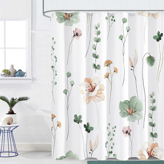 Shower Curtain With Weighted Hem and Bonus Hooks, 120 GSM, Watercolor Floral Design, 72 x 72