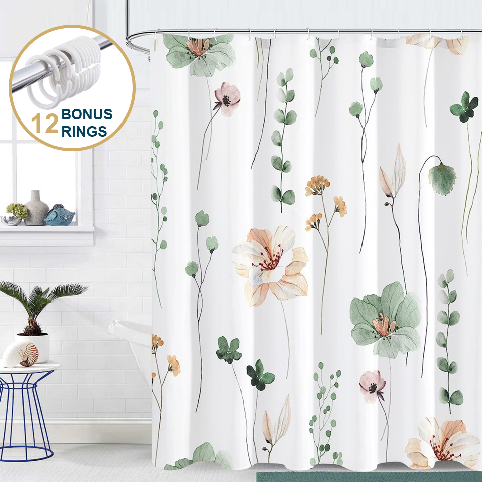 Shower Curtain With Weighted Hem and Bonus Hooks, 120 GSM, 72 x 72 in