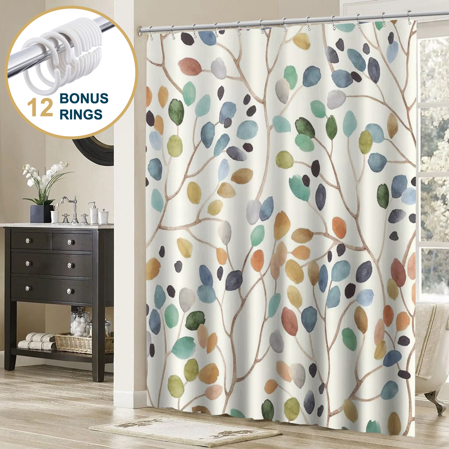 Shower Curtain With Weighted Hem and Bonus Hooks, 120 GSM, 72 x 72 in