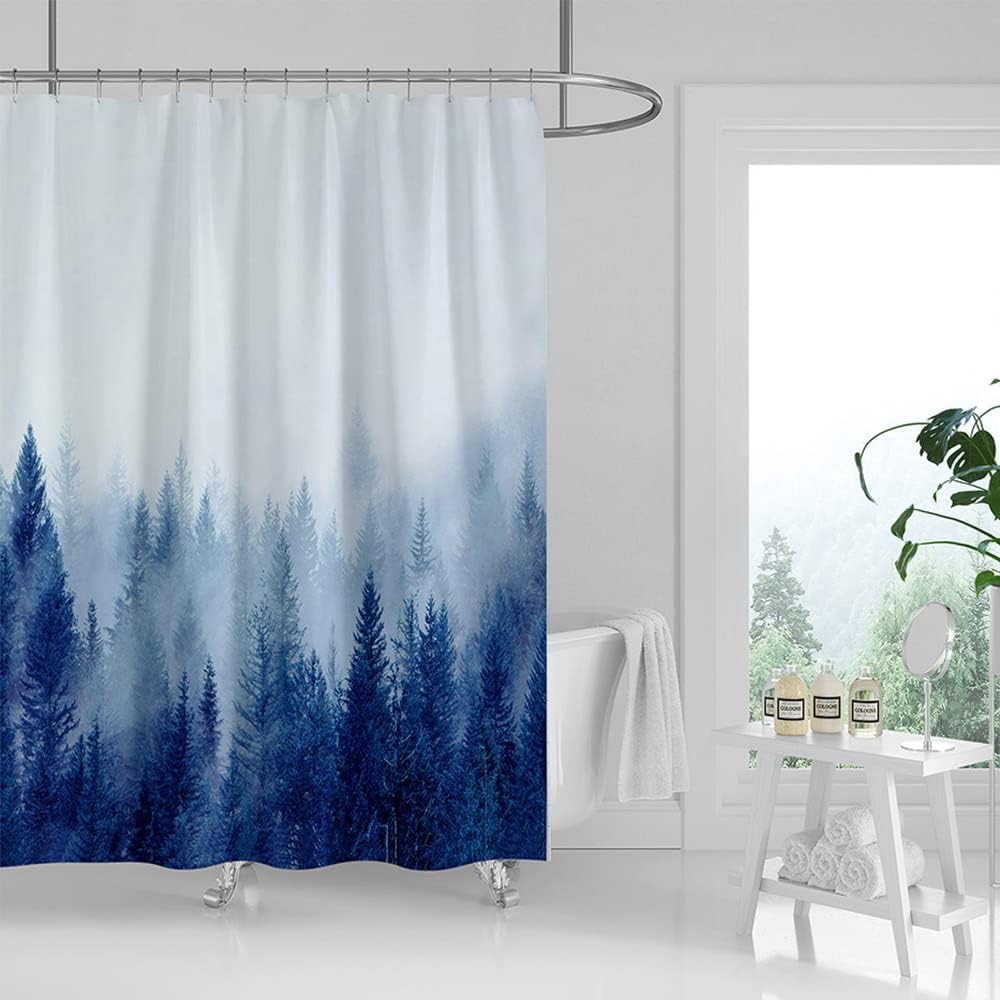 ComfiTime Shower Curtain with Hooks, 120GSM, Misty Forest, Green, 72 x 72