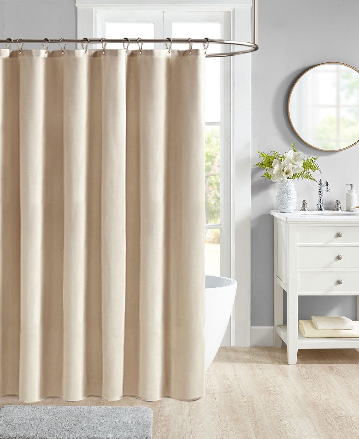 Faux Linen Shower Curtain With Stainless-Steel Hooks, 210 GSM, multi-size options