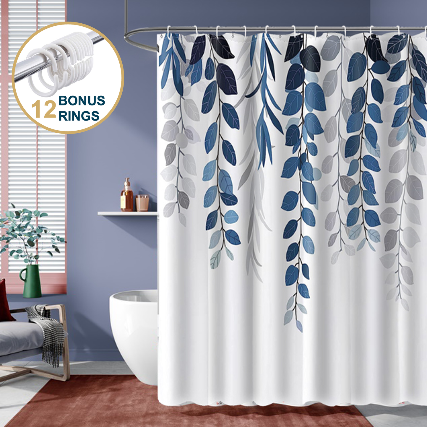 Shower Curtain With Weighted Hem and Bonus Hooks, 120 GSM, 72 x 72 in