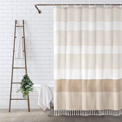 Tassel Shower Curtain Set with Hooks, Boho Farmhouse Bathroom Curtain,72" x 72"