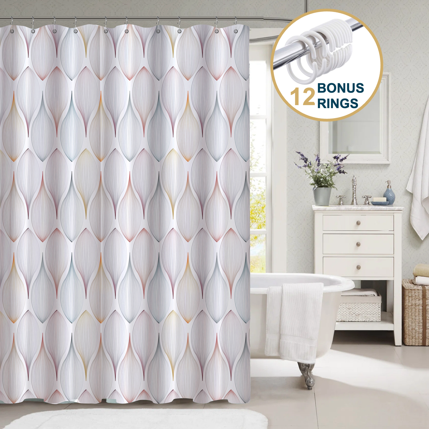 Shower Curtain With Weighted Hem and Bonus Hooks, 120 GSM, 72 x 72 in