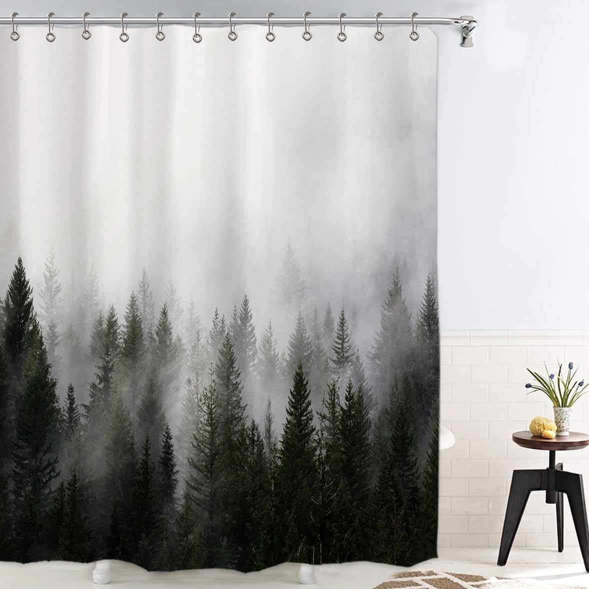 ComfiTime Shower Curtain with Hooks, 120GSM, Misty Forest, Green, 72 x 72