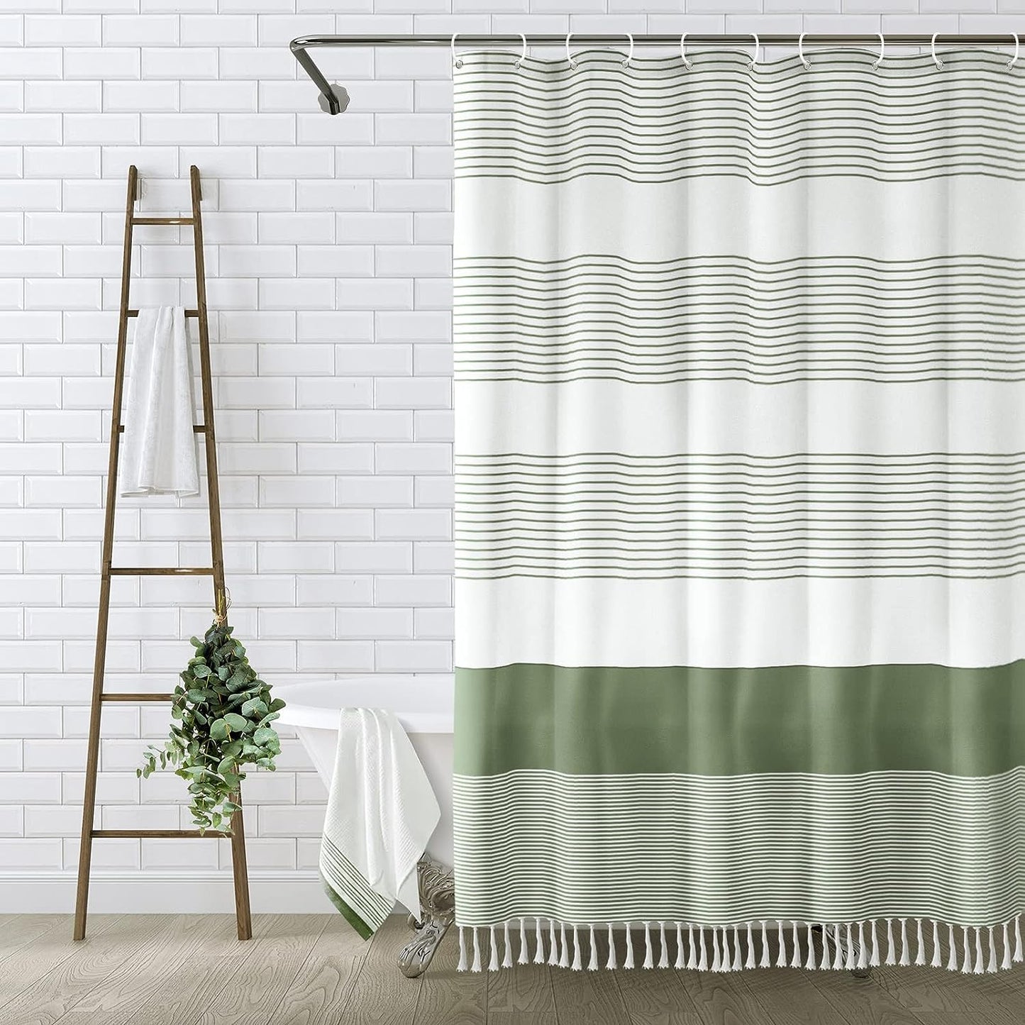 Tassel Shower Curtain Set with Hooks, Boho Farmhouse Bathroom Curtain,72" x 72"
