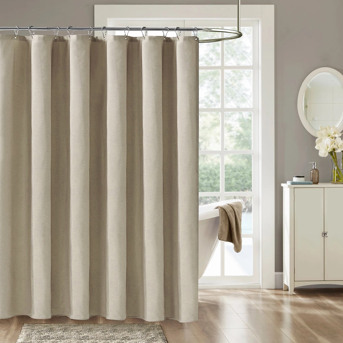 Faux Linen Shower Curtain With Stainless-Steel Hooks, 210 GSM, multi-size options