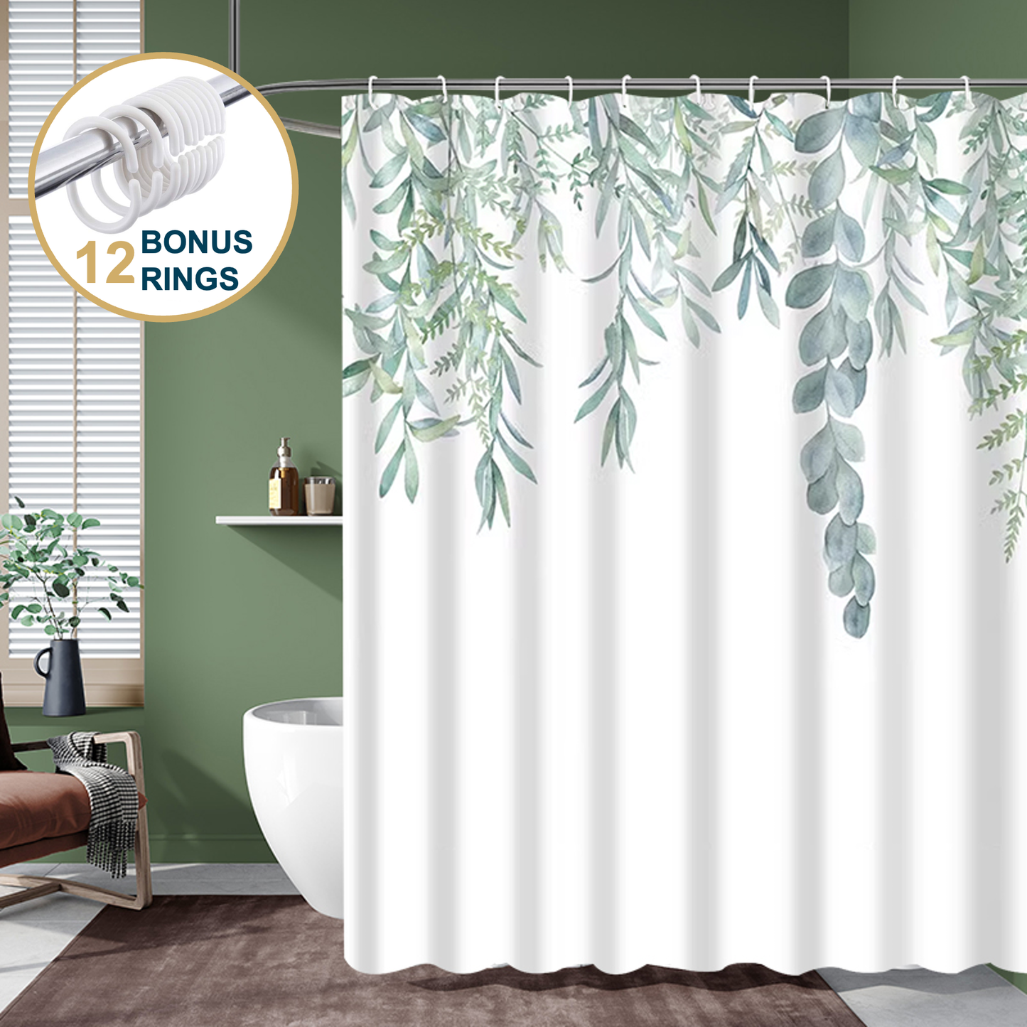 Shower Curtain With Weighted Hem and Bonus Hooks, 120 GSM, 72 x 72 in