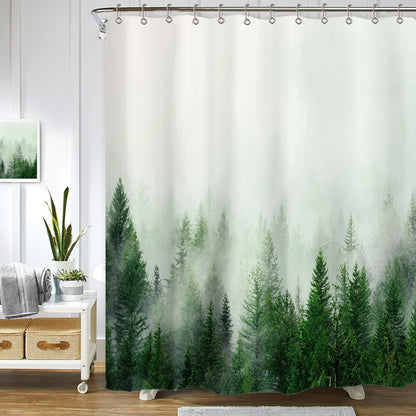 ComfiTime Shower Curtain with Hooks, 120GSM, Misty Forest, Green, 72 x 72