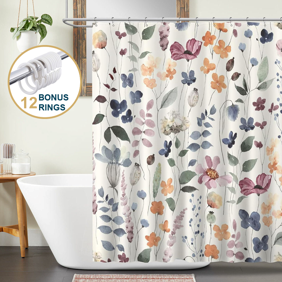 Shower Curtain With Weighted Hem and Bonus Hooks, 120 GSM, 72 x 72 in