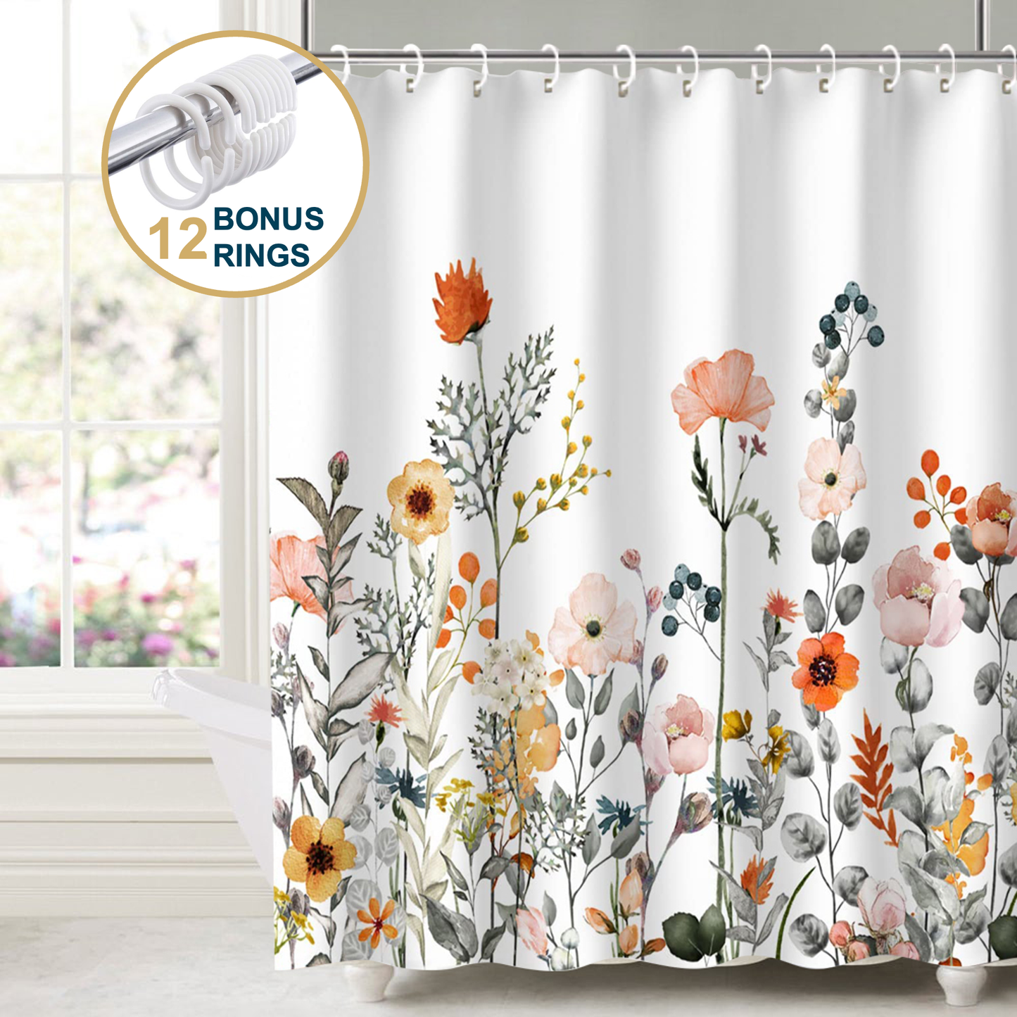 Shower Curtain With Weighted Hem and Bonus Hooks, 120 GSM, 72 x 72 in