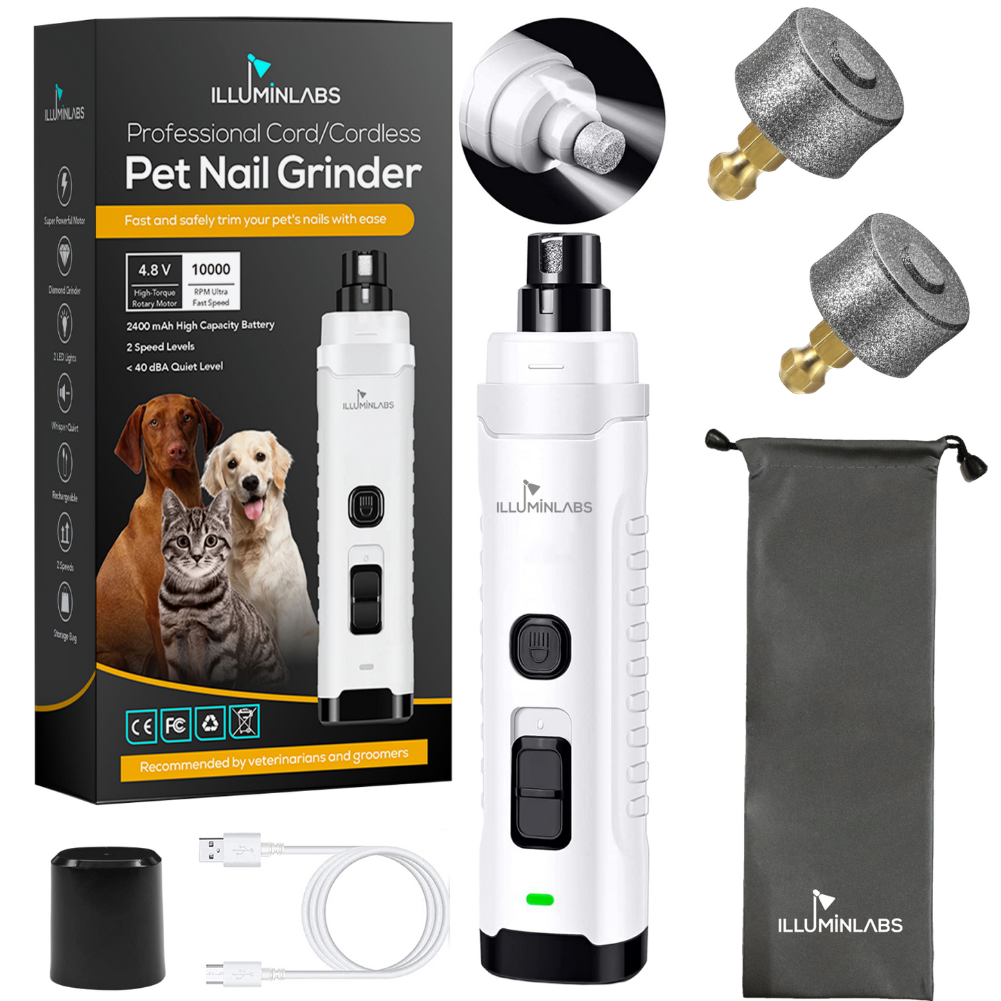 Dog Nail Grinder with LED Lights and Replacement Diamond Bit